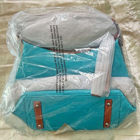 TOTE, DOONEY & BURKE, LEATHER, TURQUOISE WITH BROWN ACCENTS, ADJUSTABLE LEATHER - Picture 2 of 12